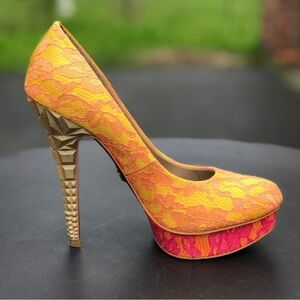RACHEL ROY KEEDAN Orange Yellow Pink Lace Platform Pump Stiletto Heels Size 6